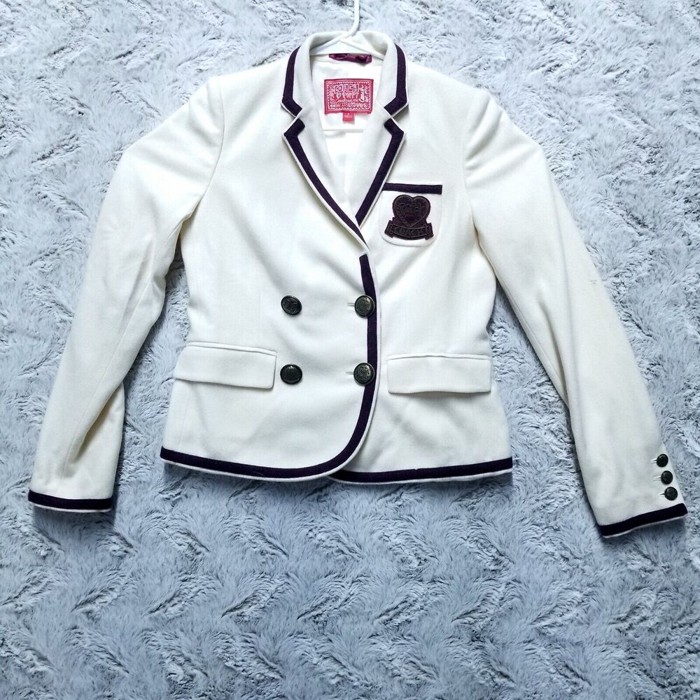 Coach Poppy Women’s White Blazer Jacket Size S Navy Trim Crest Double Button
